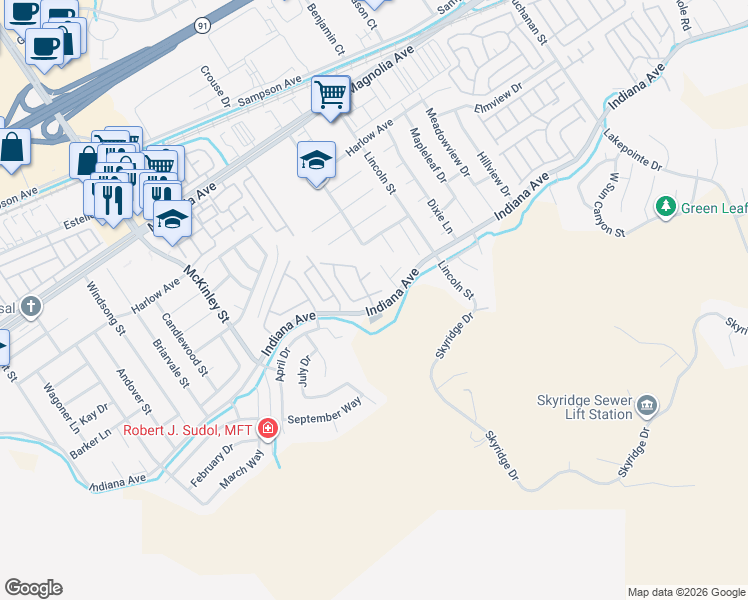 map of restaurants, bars, coffee shops, grocery stores, and more near 12846 Mayflower Court in Riverside