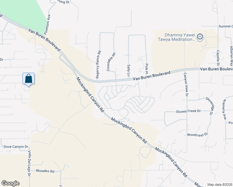 map of restaurants, bars, coffee shops, grocery stores, and more near 15181 Van Buren Boulevard in Riverside