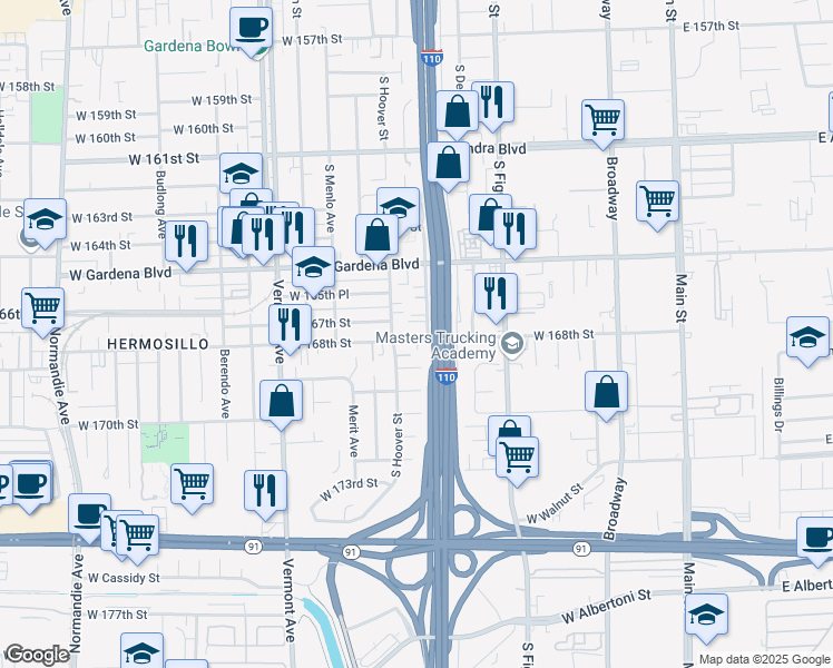 map of restaurants, bars, coffee shops, grocery stores, and more near 643 West 168th Place in Gardena