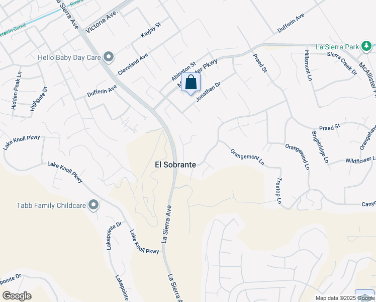 map of restaurants, bars, coffee shops, grocery stores, and more near 16536 Amberley Court in Riverside