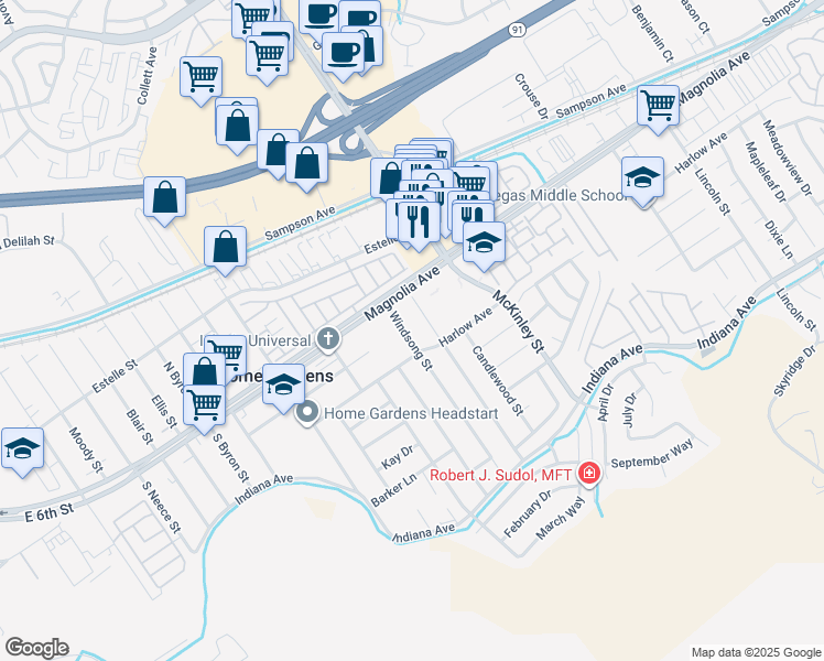 map of restaurants, bars, coffee shops, grocery stores, and more near 3730 Windsong Street in Corona