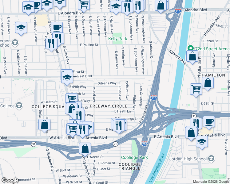 map of restaurants, bars, coffee shops, grocery stores, and more near 269 East 69th Street in Long Beach