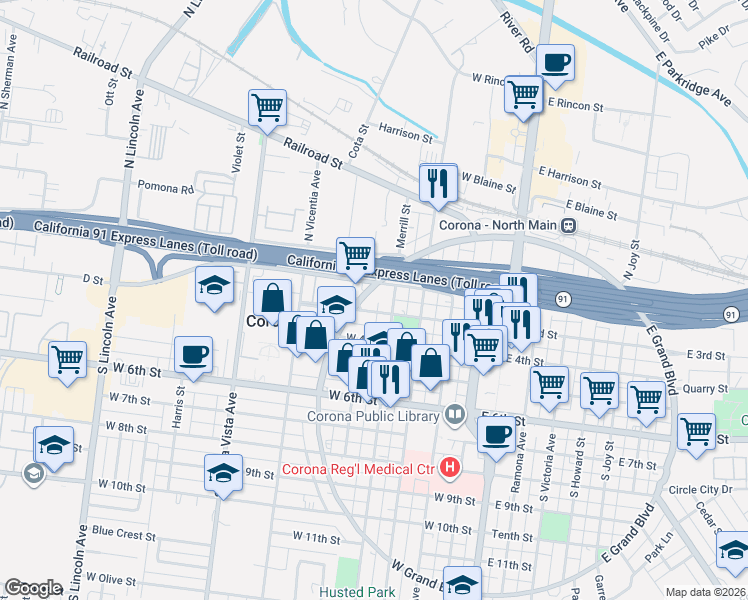 map of restaurants, bars, coffee shops, grocery stores, and more near 520 West 3rd Street in Corona