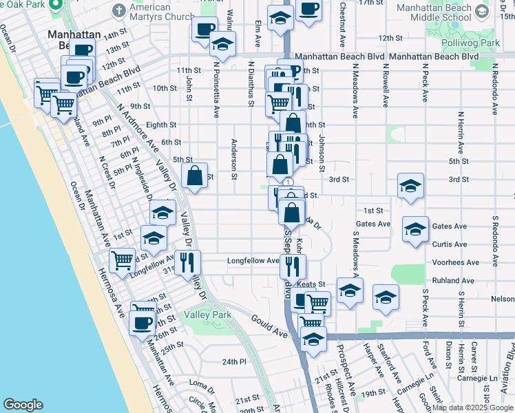 map of restaurants, bars, coffee shops, grocery stores, and more near 100 North Dianthus Street in Manhattan Beach
