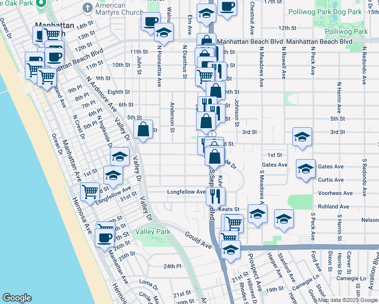 map of restaurants, bars, coffee shops, grocery stores, and more near 100 North Dianthus Street in Manhattan Beach