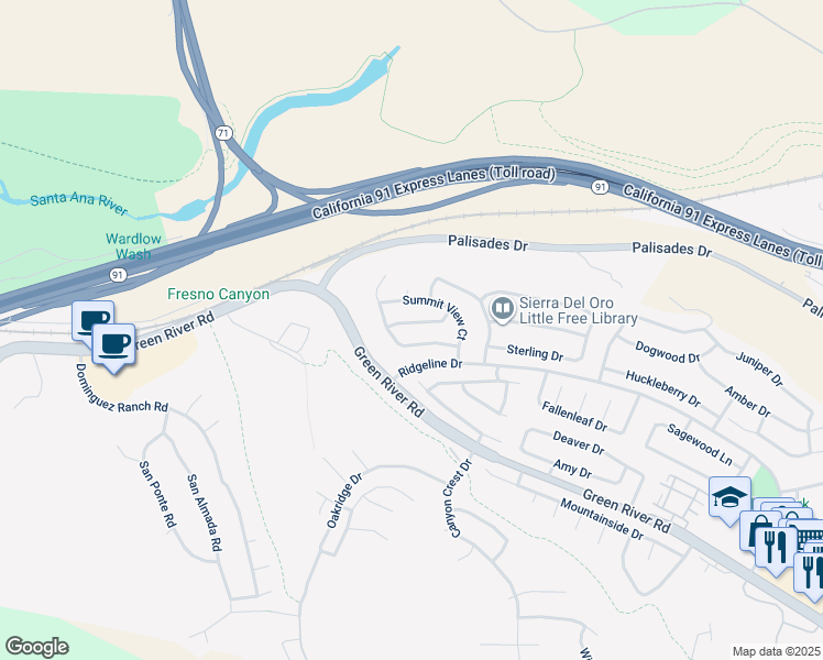map of restaurants, bars, coffee shops, grocery stores, and more near 3696 Foxplain Road in Corona