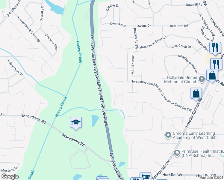 map of restaurants, bars, coffee shops, grocery stores, and more near 3012 Stirrup Lane Southwest in Marietta