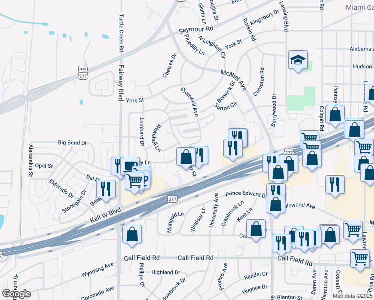 map of restaurants, bars, coffee shops, grocery stores, and more near 3045 Cromwell Avenue in Wichita Falls