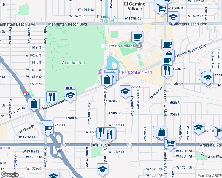 map of restaurants, bars, coffee shops, grocery stores, and more near 16700 Yukon Avenue in Torrance