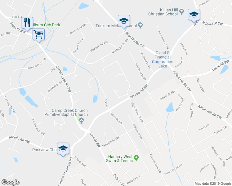 map of restaurants, bars, coffee shops, grocery stores, and more near 4592 Orange Jungle Way in Lilburn