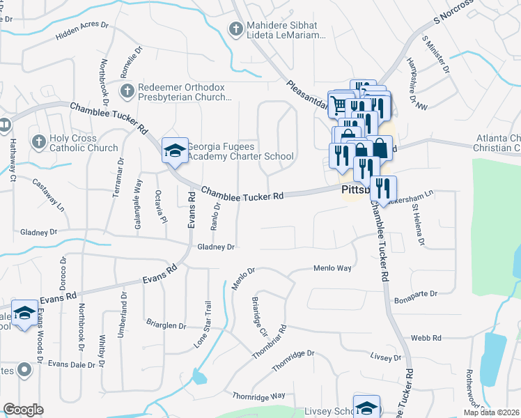 map of restaurants, bars, coffee shops, grocery stores, and more near 3097 Wembley Ridge in Doraville