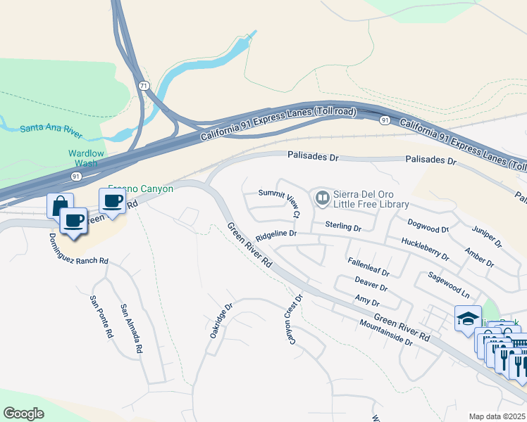 map of restaurants, bars, coffee shops, grocery stores, and more near 3696 Foxplain Road in Corona