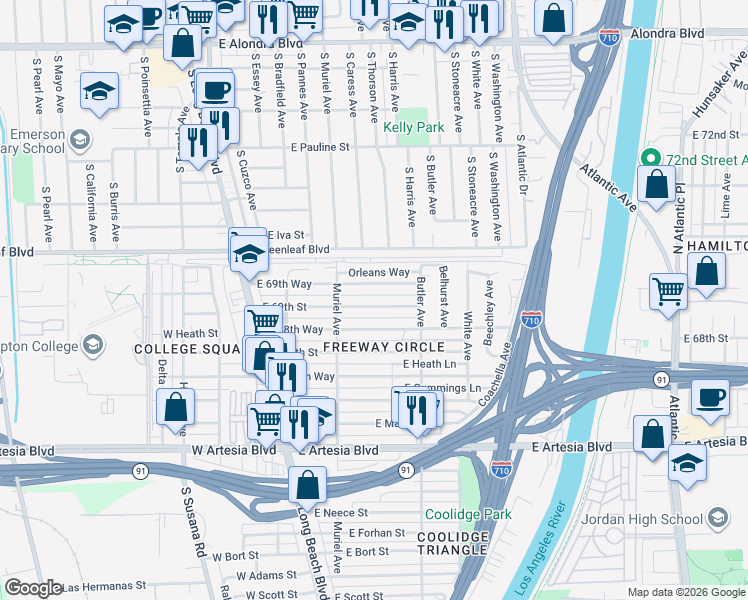 map of restaurants, bars, coffee shops, grocery stores, and more near East 69th Street in Long Beach