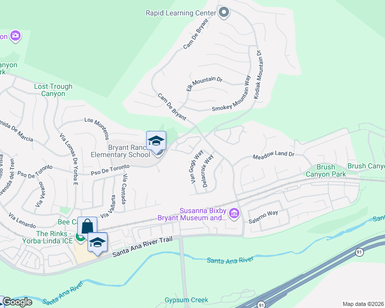 map of restaurants, bars, coffee shops, grocery stores, and more near 5555 Carot Court in Yorba Linda