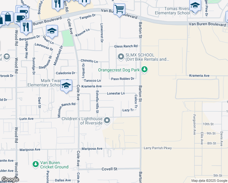 map of restaurants, bars, coffee shops, grocery stores, and more near 19770 Lonestar Lane in Riverside