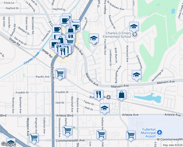 map of restaurants, bars, coffee shops, grocery stores, and more near 8187 Owens Street in Buena Park