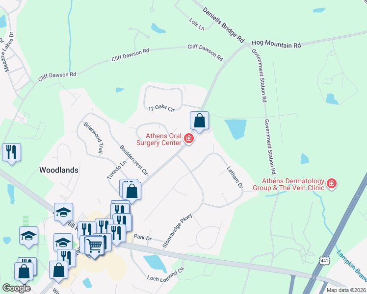 map of restaurants, bars, coffee shops, grocery stores, and more near 1814 Hog Mountain Road in Watkinsville