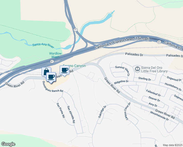 map of restaurants, bars, coffee shops, grocery stores, and more near 965 Manor Way in Corona