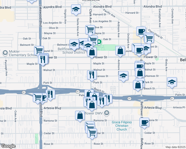 map of restaurants, bars, coffee shops, grocery stores, and more near 17045 Clark Avenue in Bellflower