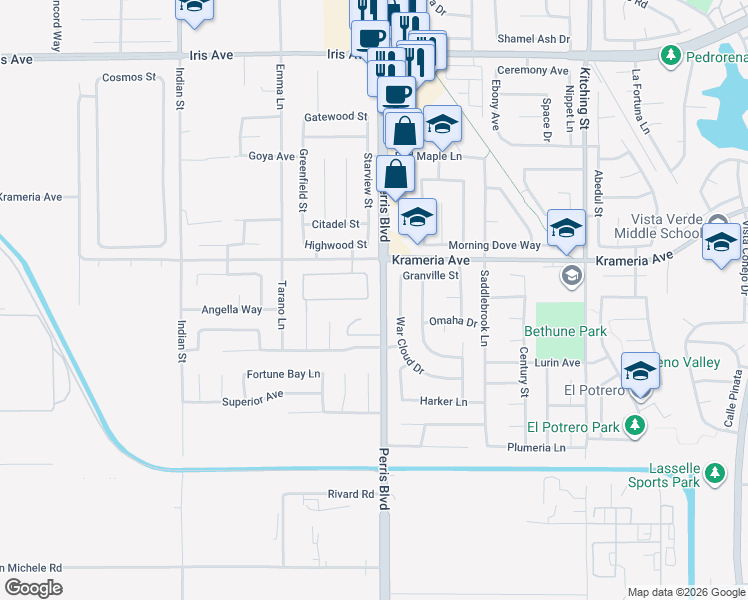 map of restaurants, bars, coffee shops, grocery stores, and more near 16642 Aquila Street in Moreno Valley