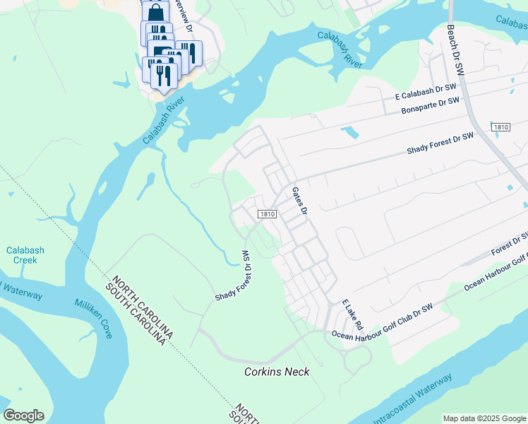 map of restaurants, bars, coffee shops, grocery stores, and more near 9395 Shady Forest Drive Southwest in Calabash