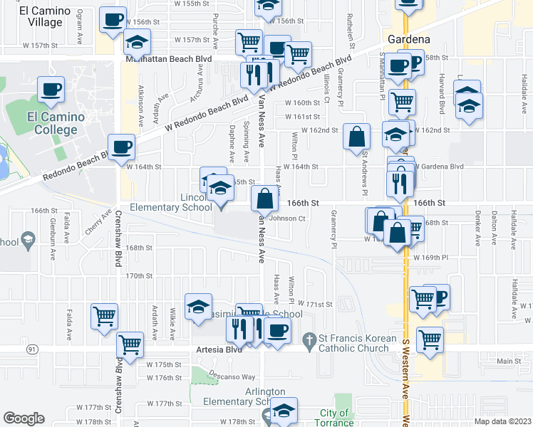 map of restaurants, bars, coffee shops, grocery stores, and more near 16608 Van Ness Avenue in Torrance