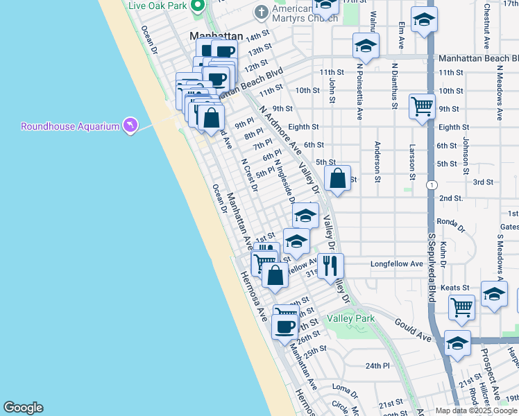 map of restaurants, bars, coffee shops, grocery stores, and more near 309 3rd Street in Manhattan Beach