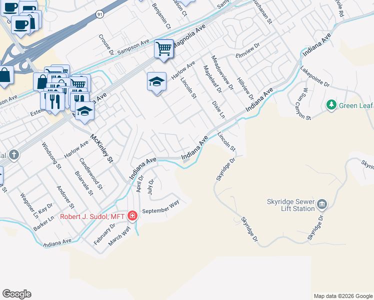 map of restaurants, bars, coffee shops, grocery stores, and more near 12846 Mayflower Court in Riverside