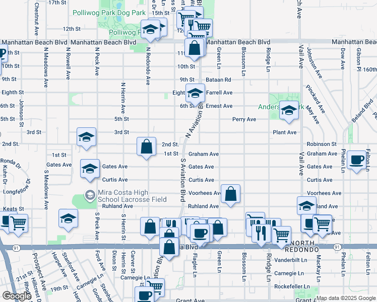 map of restaurants, bars, coffee shops, grocery stores, and more near 2700 Aviation Boulevard in Redondo Beach
