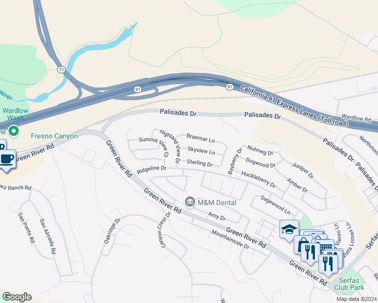 map of restaurants, bars, coffee shops, grocery stores, and more near 3442 Skyview Lane in Corona