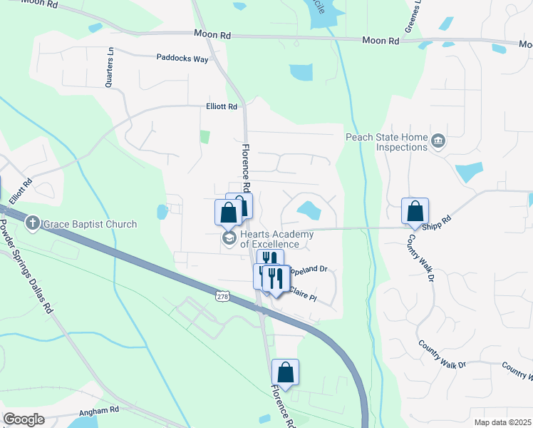 map of restaurants, bars, coffee shops, grocery stores, and more near 3073 Hopeland Drive in Powder Springs