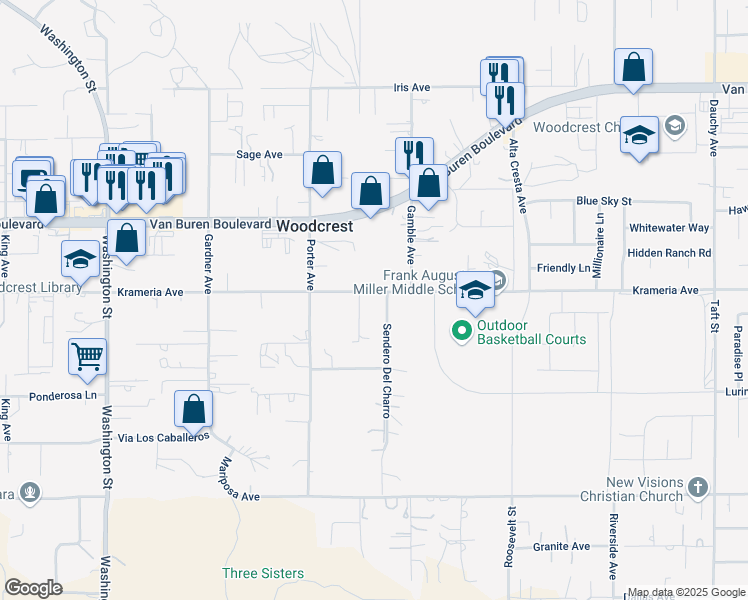 map of restaurants, bars, coffee shops, grocery stores, and more near 16558 Sendero Del Charro in Riverside