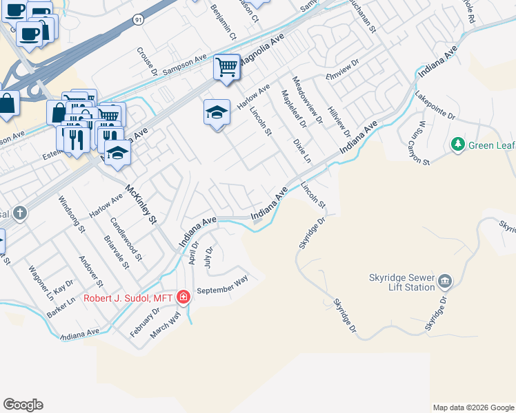 map of restaurants, bars, coffee shops, grocery stores, and more near 12846 Mayflower Court in Riverside
