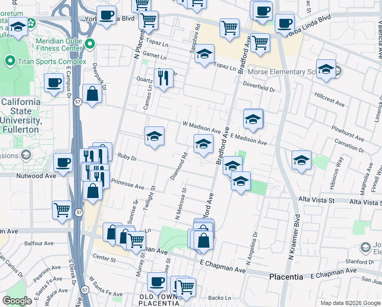 map of restaurants, bars, coffee shops, grocery stores, and more near 314 Emerald Way in Placentia