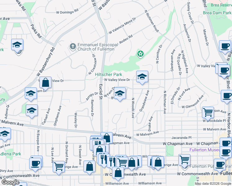 map of restaurants, bars, coffee shops, grocery stores, and more near 759 Barris Drive in Fullerton