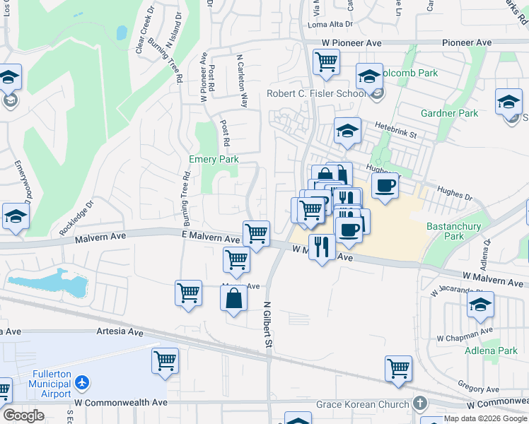 map of restaurants, bars, coffee shops, grocery stores, and more near 2420 Ramada Plaza in Fullerton