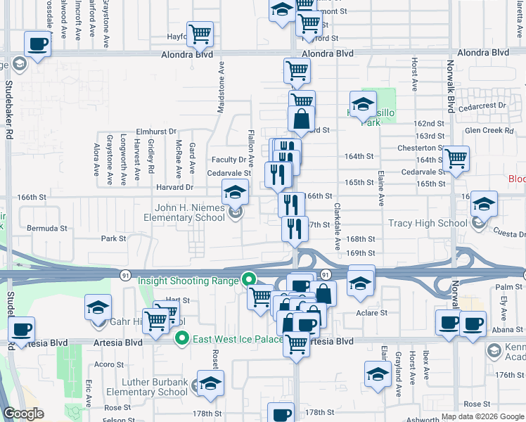 map of restaurants, bars, coffee shops, grocery stores, and more near 11662 Arkansas Street in Artesia