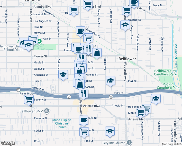 map of restaurants, bars, coffee shops, grocery stores, and more near 9848 Arkansas Street in Bellflower