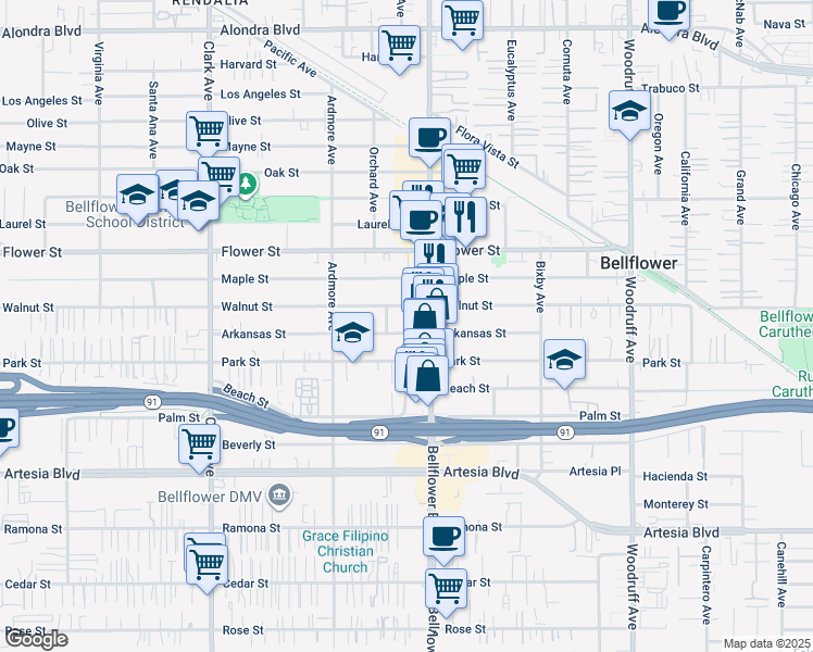 map of restaurants, bars, coffee shops, grocery stores, and more near 9729 Park Street in Bellflower