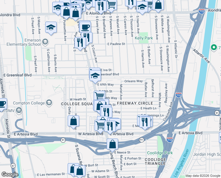 map of restaurants, bars, coffee shops, grocery stores, and more near 142 East 69th Street in Long Beach