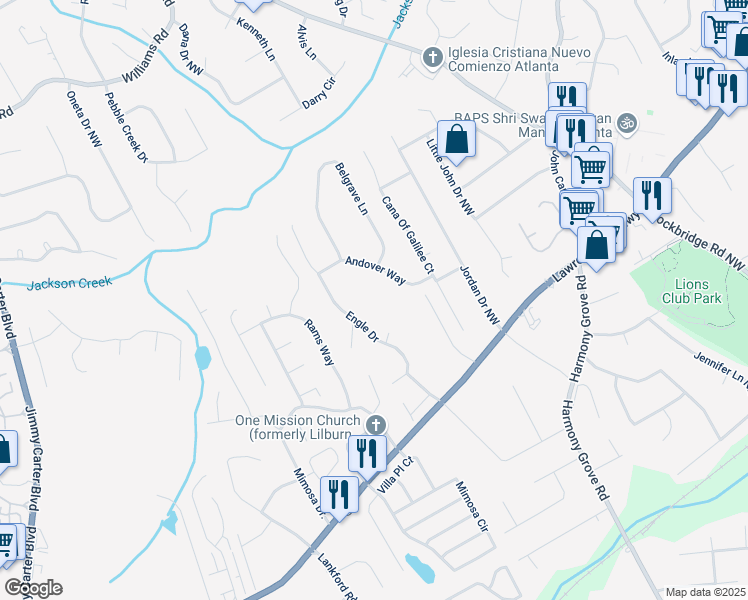 map of restaurants, bars, coffee shops, grocery stores, and more near 444 Gober Road in Tucker
