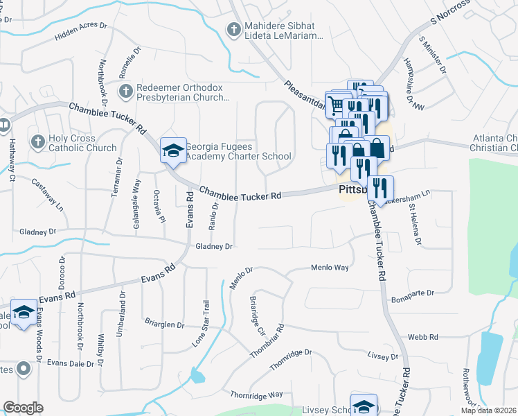 map of restaurants, bars, coffee shops, grocery stores, and more near 3097 Wembley Ridge in Doraville
