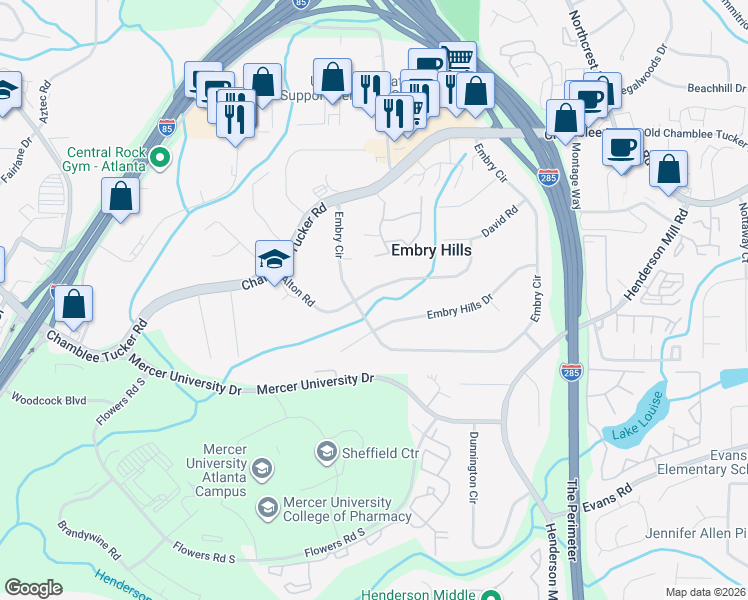 map of restaurants, bars, coffee shops, grocery stores, and more near 3196 Embry Hills Drive in Chamblee