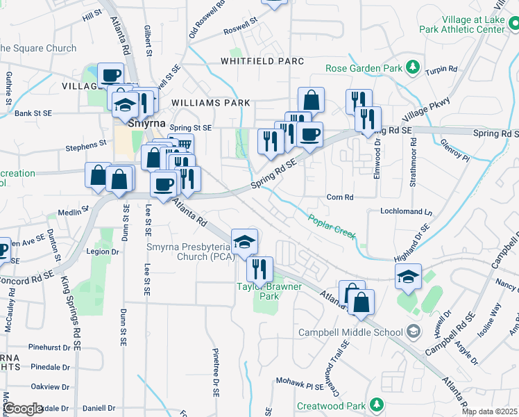 map of restaurants, bars, coffee shops, grocery stores, and more near 1644 Mosaic Way in Smyrna