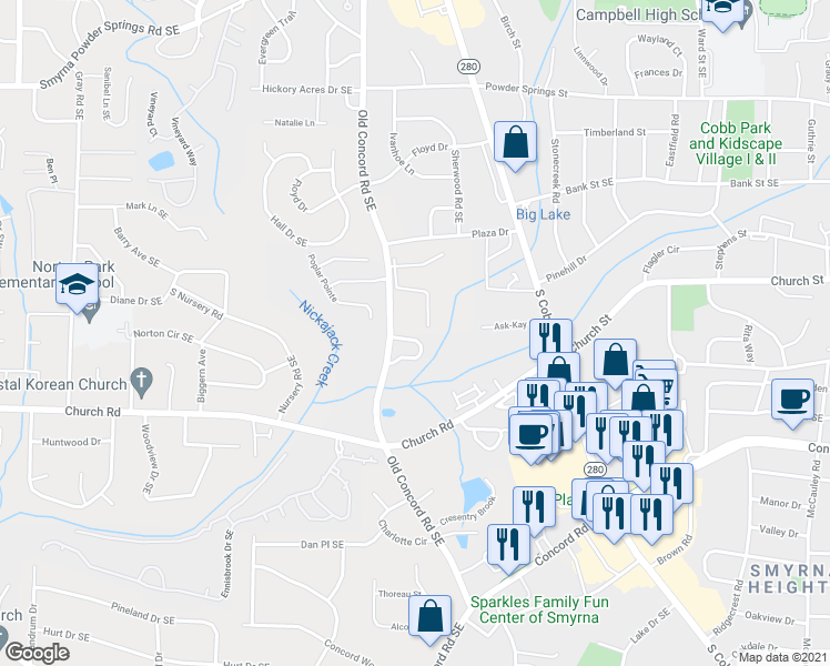 map of restaurants, bars, coffee shops, grocery stores, and more near 1051 Westfield Trace in Smyrna