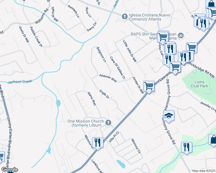 map of restaurants, bars, coffee shops, grocery stores, and more near 444 Gober Road in Tucker