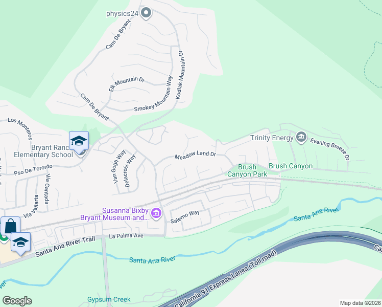 map of restaurants, bars, coffee shops, grocery stores, and more near Meadow Land Drive in Yorba Linda