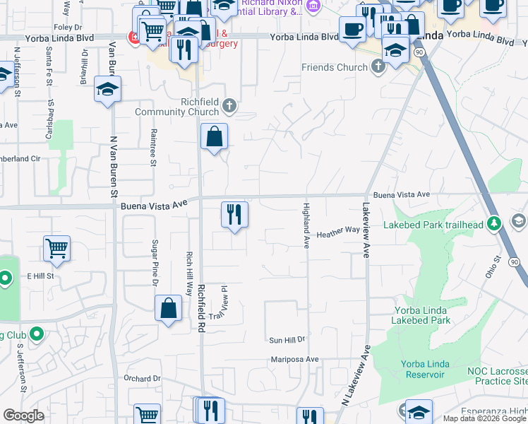 map of restaurants, bars, coffee shops, grocery stores, and more near 17842 Caballo Drive in Yorba Linda
