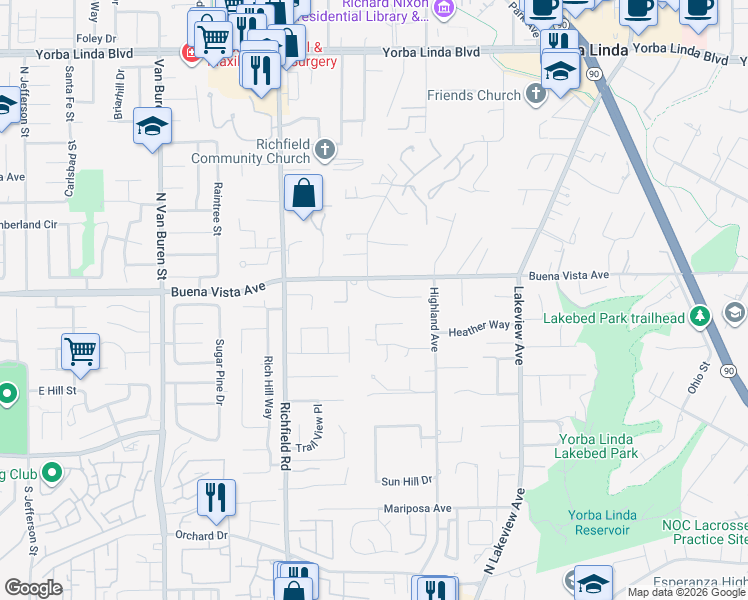 map of restaurants, bars, coffee shops, grocery stores, and more near 17842 Caballo Drive in Yorba Linda