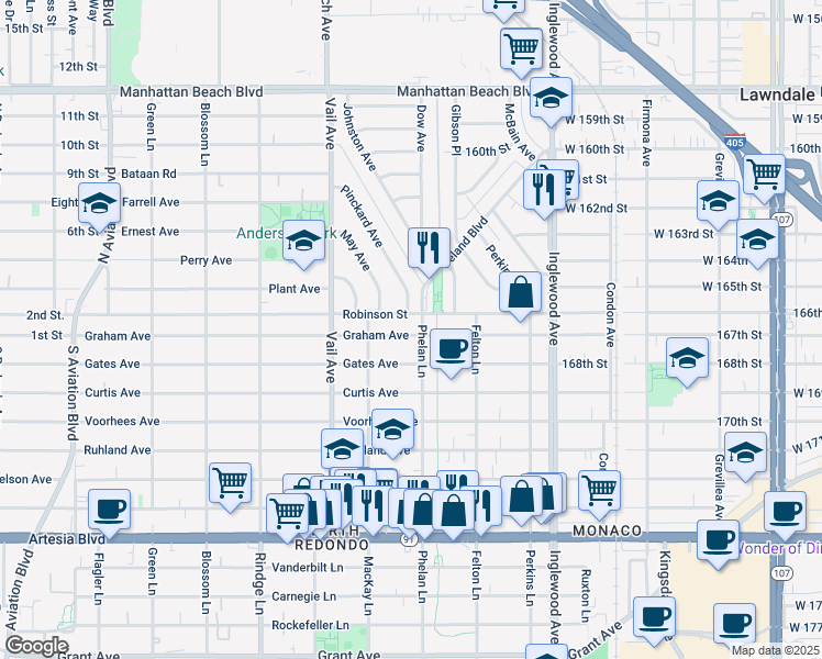 map of restaurants, bars, coffee shops, grocery stores, and more near 2422 Graham Avenue in Redondo Beach